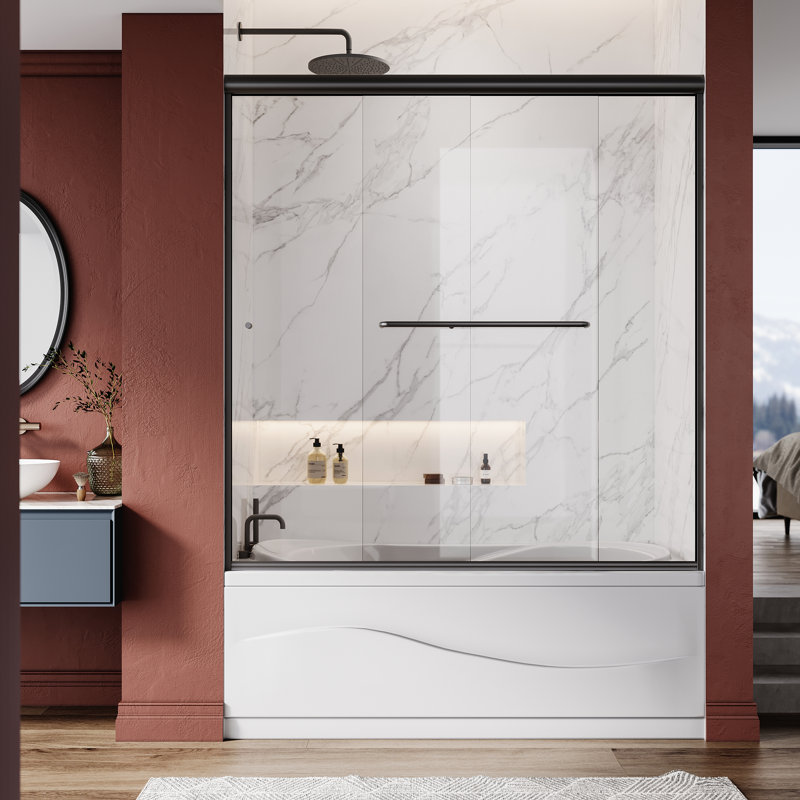 56"-60" W x 62" H Semi-Frameless Double Sliding Tub Door, Black