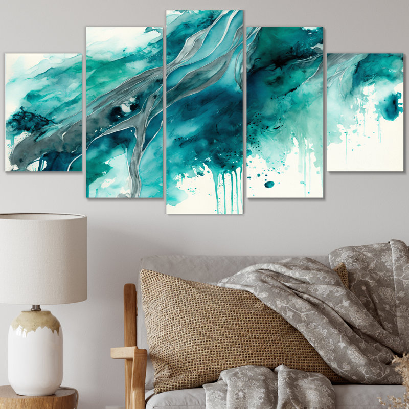 Turquoise Waves Impressions Of Infinity III - reproduction d'art sur toile abstraite - 5 panneaux