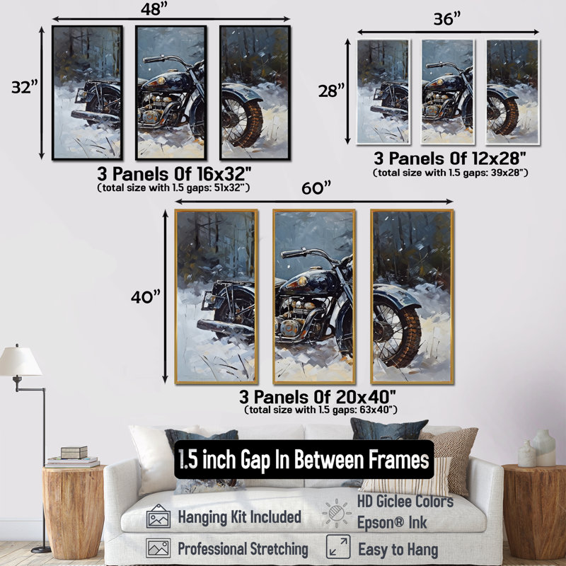 «War Rustic War Bike In Winter I», ensemble d'art sur toile, H 28 po x l 36 po x P 1 po, Cadre flottant noir