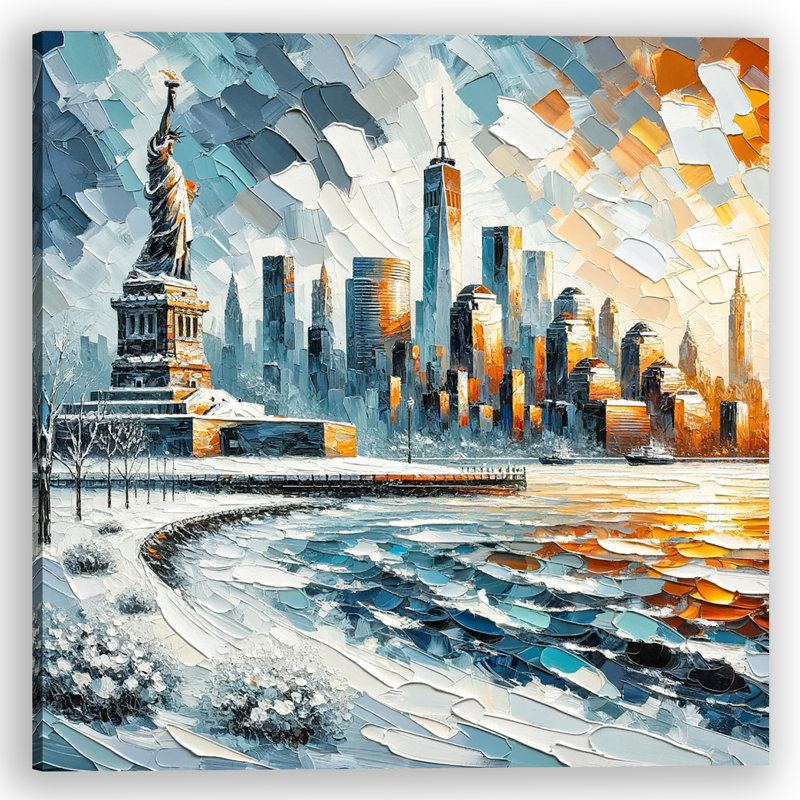 Liberty's Winter Glow - Statue de la liberté de style empâtement et horizon de New York sur toile