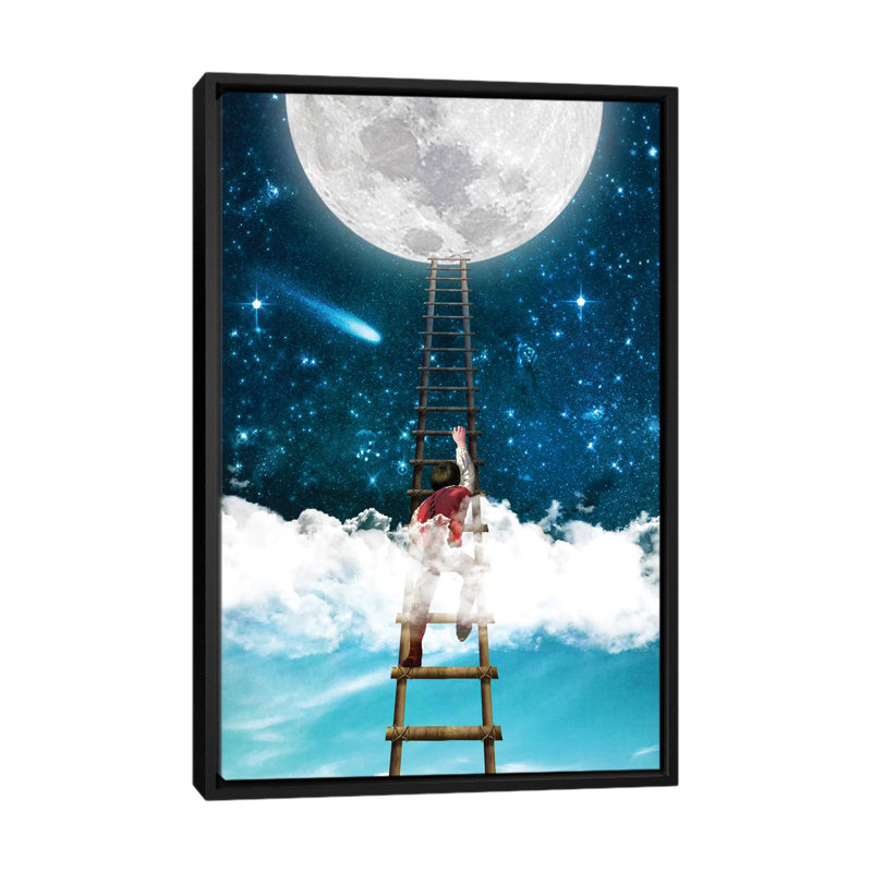 Reach For The Moon I, H 26 po x l 18 po x P 1,5 po, Toile avec cadre noir, Blanc