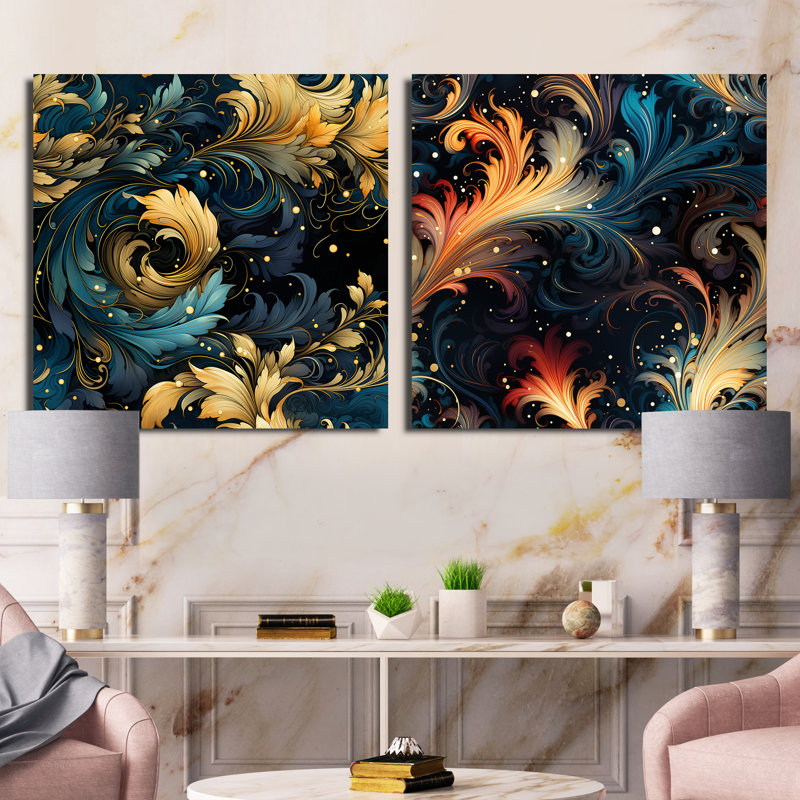 Daetyn - Ensemble de 2 collages carrés botaniques abstraits, H 30 po x l 61 po, Toile tendue