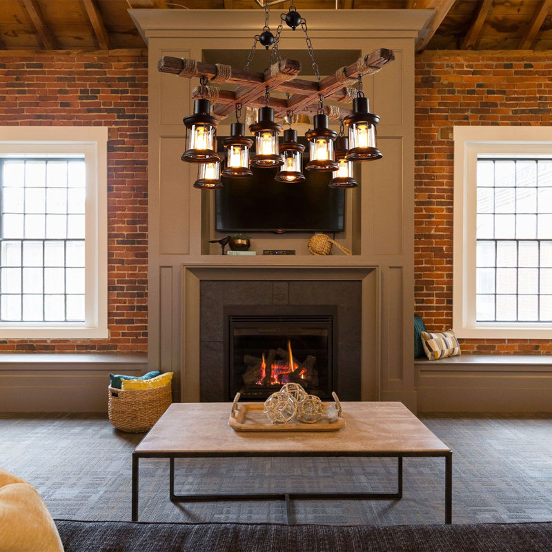 8-Light Industrial Wooden Chandelier