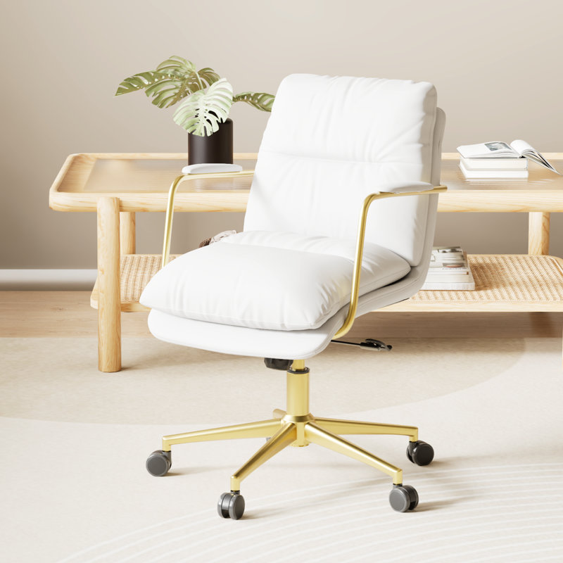 Chaise de bureau en cuir Jerrid, Blanc, Or
