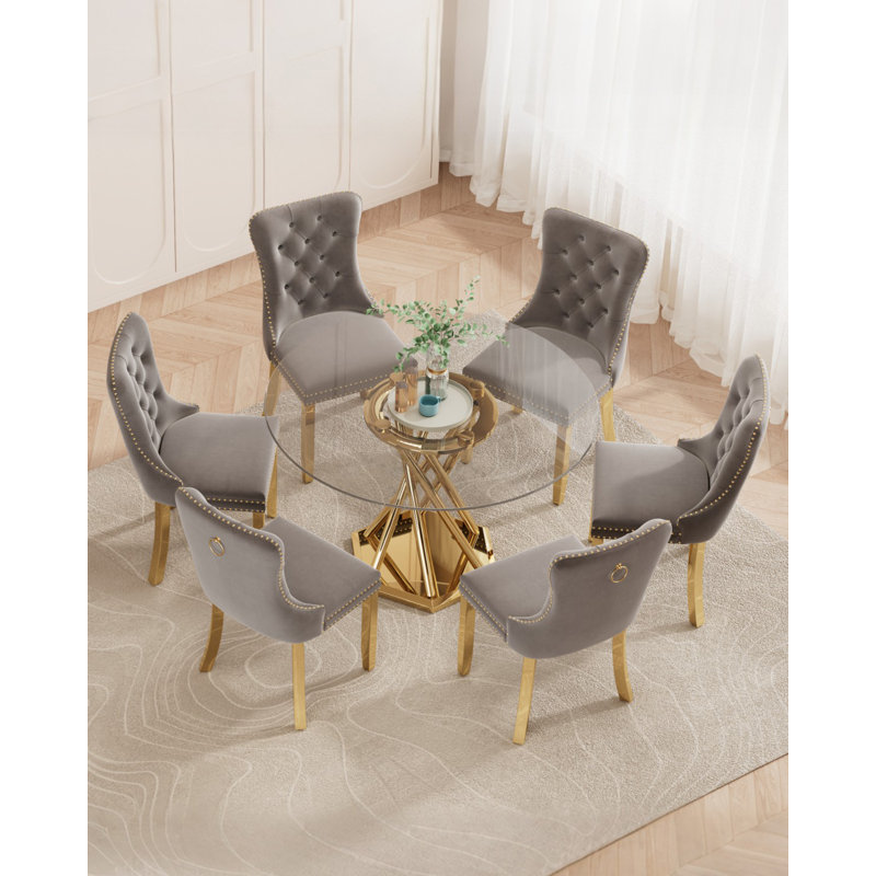 Ensemble de table de salle à manger 47,2 po pour 6 personnes, table de salle à manger avec 6 chaises en velours, Doré