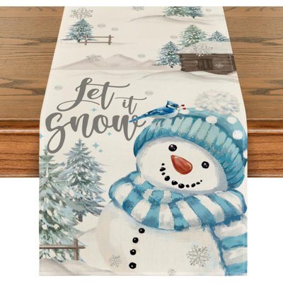 Xmas Trees Let It Snow Blue Snowman Christmas Table Runner, Seasonal Winter Holiday Kitchen Dining Table Decoration For Home Party Decor