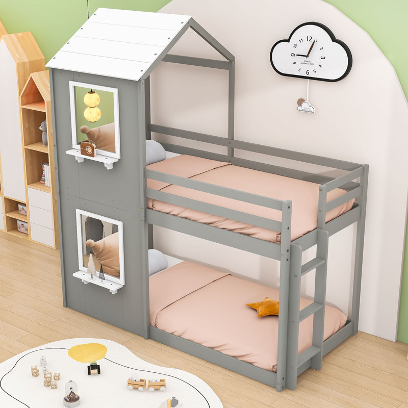 Lit superposé simple en bois en forme de maison avec toit incliné et fenêtre, Grey