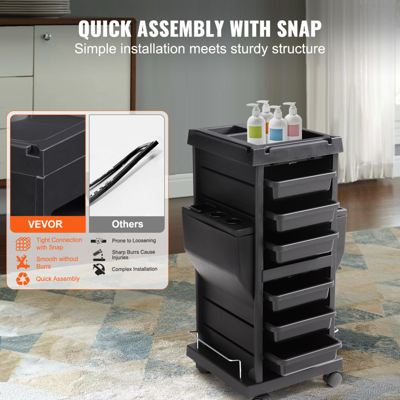 Black High-Quality Plastic Salon Utility Cart with Drawers