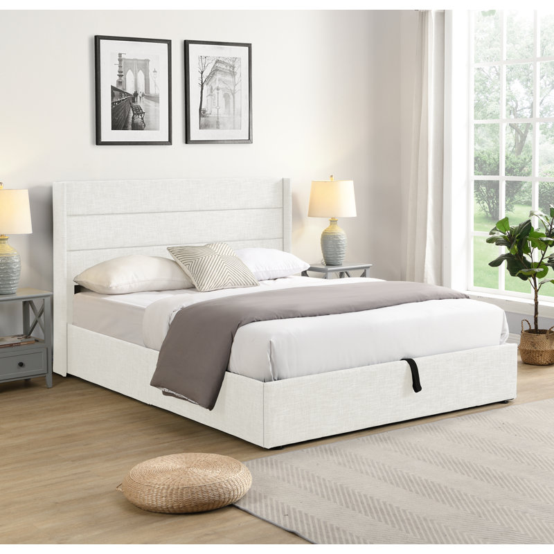 Lit plateforme tapissier avec lit de rangement relevable hydraulique, tête de lit à oreilles capitonnée, cadre de lit moderne, blanc, double