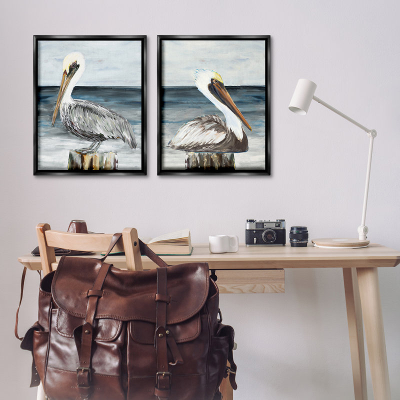 «Beachfront Pelican Log», ensemble de 2 toiles flottantes encadrées par Julie DeRice, Cadre flottant gris lustré