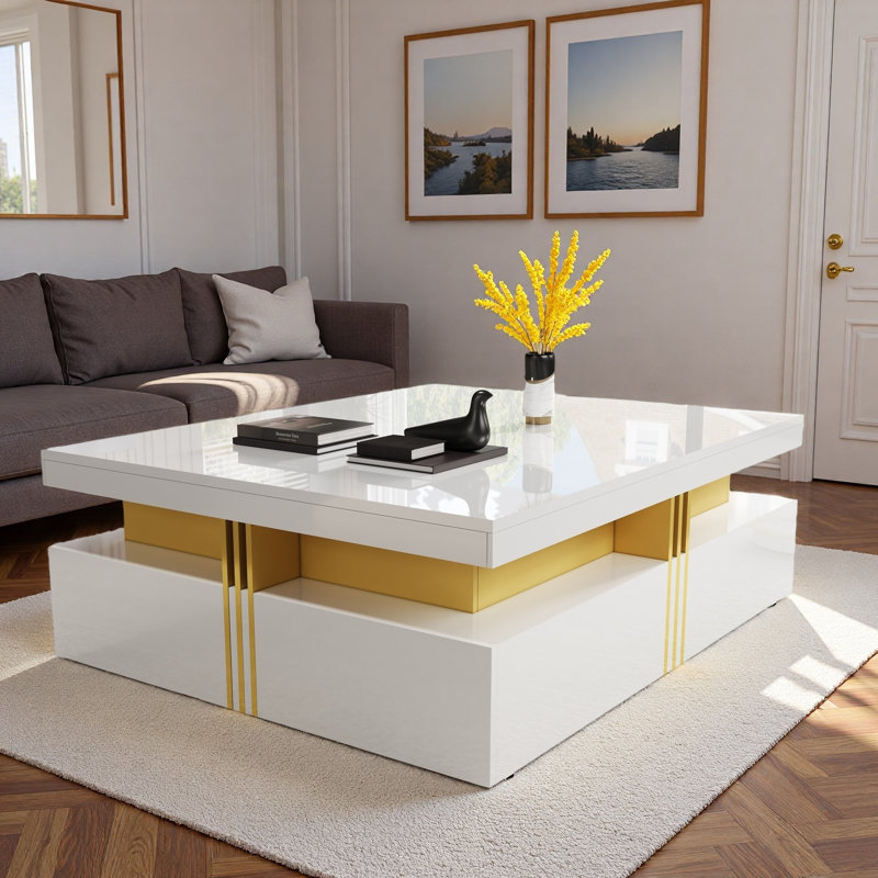 Table basse moderne carrée avec 4 tiroirs, Blanc