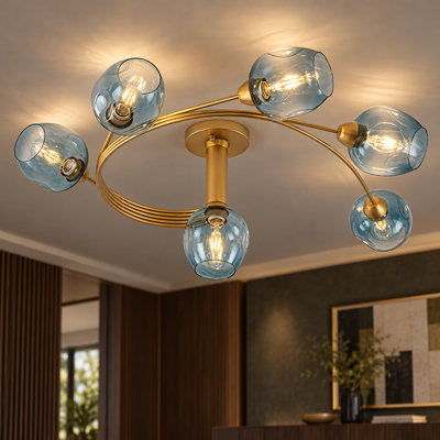 6-Light Mid-Century Blue Glass Semi Flush Mount Ceiling Light