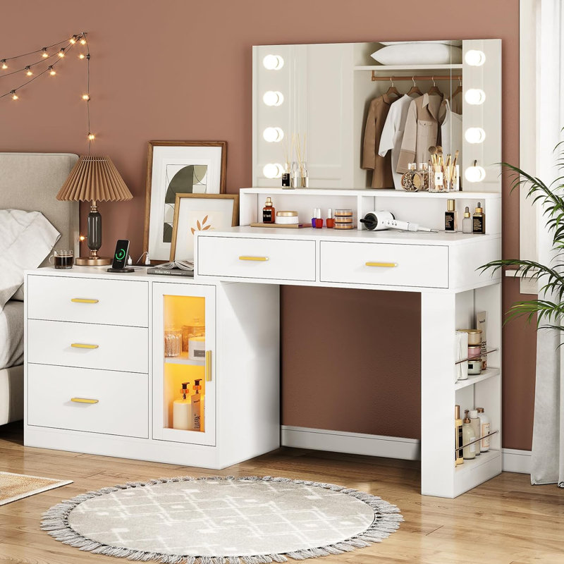 LED Makeup Dressing Table - with 3 Drawers + Dimmable Mirror, Modern Bedroom Vanity Desk, White