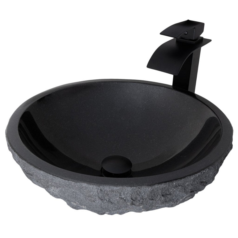 Lavabo de salle de bain vasque circulaire en granit noir avec robinet, Noir mat