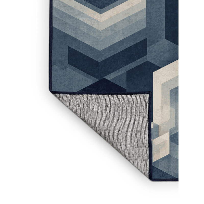 Machine Washable Pauleta Modern & Contemporary Abstract Rug in Grey – Navy Binding, 6 X 9