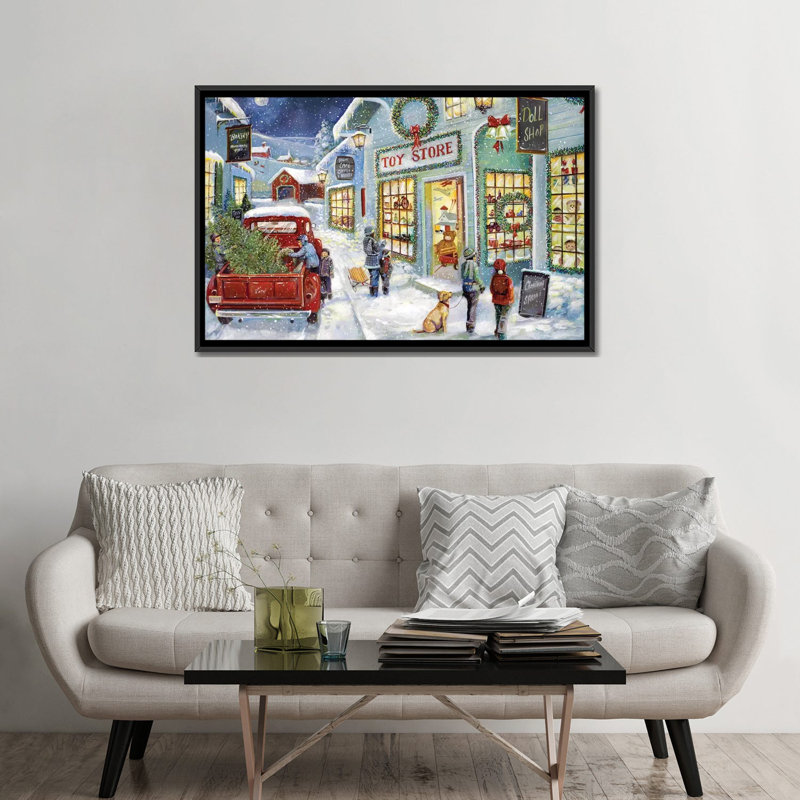 «Toy Shop» par Ruane Manning - reproduction d'art, H 32 po x l 48 po x P 1,5 po, Toile avec cadre noir, Aucun mat