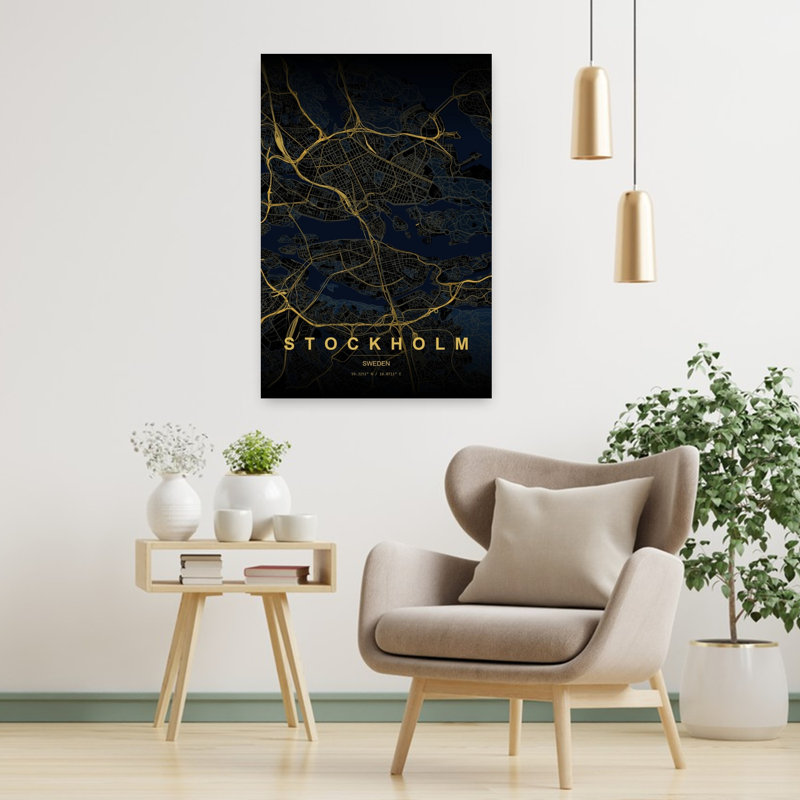 Golden Stockholm Map Modern Abstract City Landscape Wall Art Print 1 Piece Wrapped Canvas Wall Art, 91.44cm H x 60.96cm W