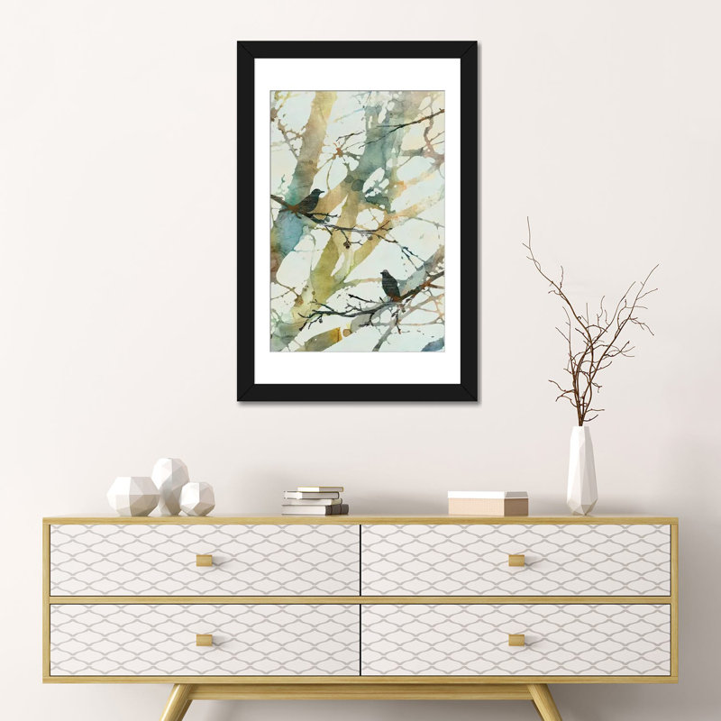 « botanique oiseaux ii », impression sur toile, H 24 po x l 16 po x P 1 po, Papier d'art encadré noir, Blanc