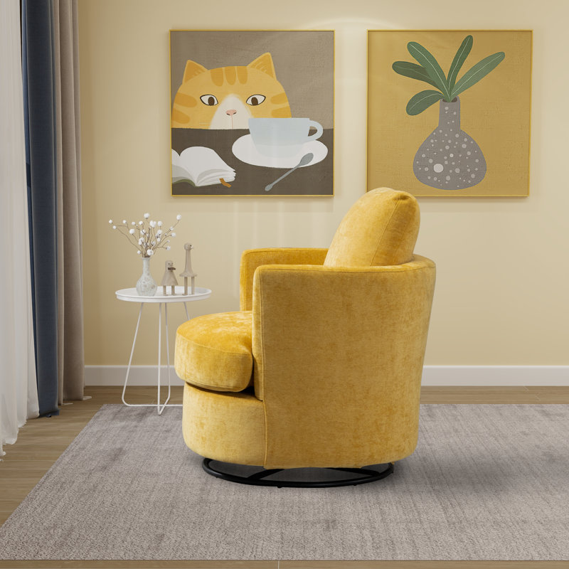 32"W Slipcovered Upholstered Swivel Barrel Chair, Mustard Chenille