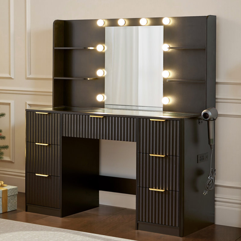 Grand meuble-lavabo moderne l 42,7 po avec 7 tiroirs, 4 tablettes, miroir lumineux à DEL et prises de courant, noir, Noir