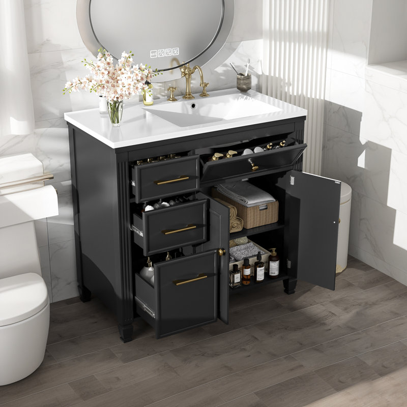 Meuble-lavabo 36 po avec lavabo, lavabo en céramique, tiroir coulissant, 3 tiroirs latéraux, tablette réglable