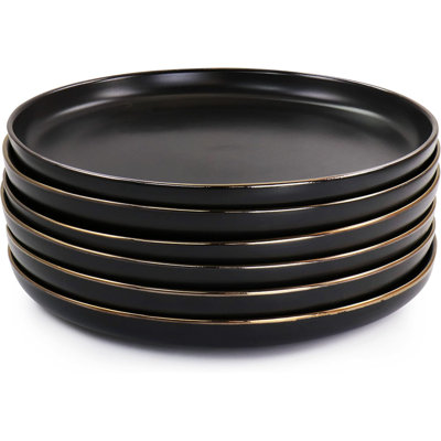 Elama Paul 6 Piece Stoneware Dinner Plate Set – Matte Black With Gold Rim, Elegant Modern Dinnerware, Micr