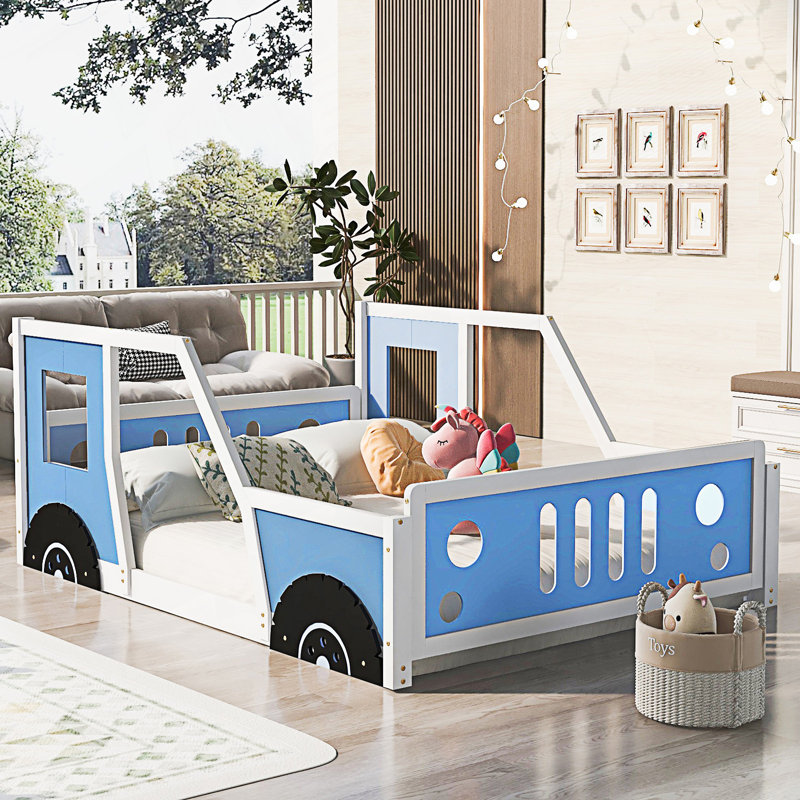 Lit plateforme double classique en forme de voiture avec roulettes, Lit double, Bleu