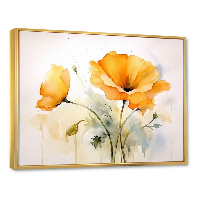 " Watercolor California Yellow Poppy ", Gold Floater Framed, 16" H x 32" W x 1" D