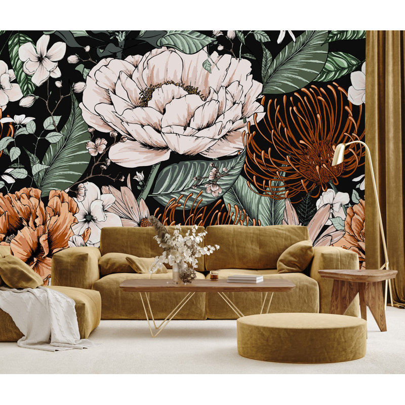 Carreau de papier peint adhésif noir avec fleurs L 8,33 pi x l 100 po