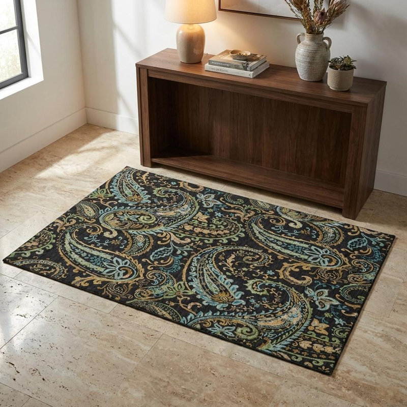 Tapis lavable à motif cachemire noir, bleu et vert 3 pi x 5 pi avec protection UV