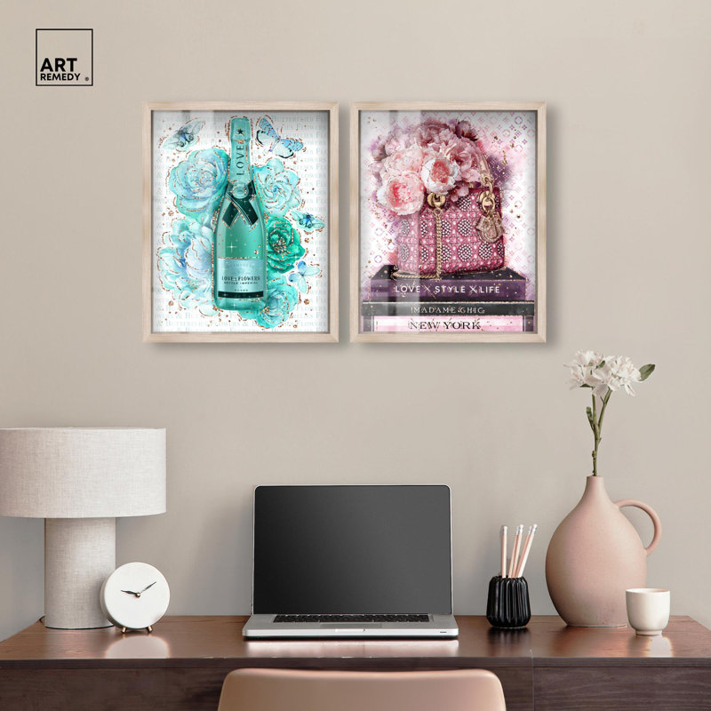 Ensemble de 2 décorations murales Blush Parisian Glam Shadowbox, H 21 po x l 17 po, Cadre blond