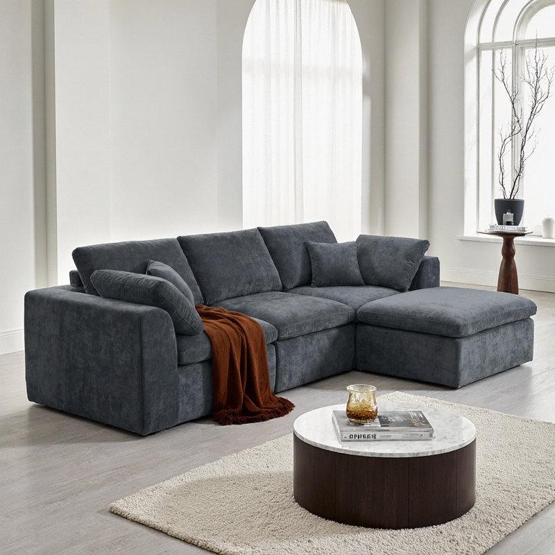 Modern Sectional Sofa with Chaise Lounge Dark Grey Chenille Comfortable Sleeper, Dark Gray Chenille