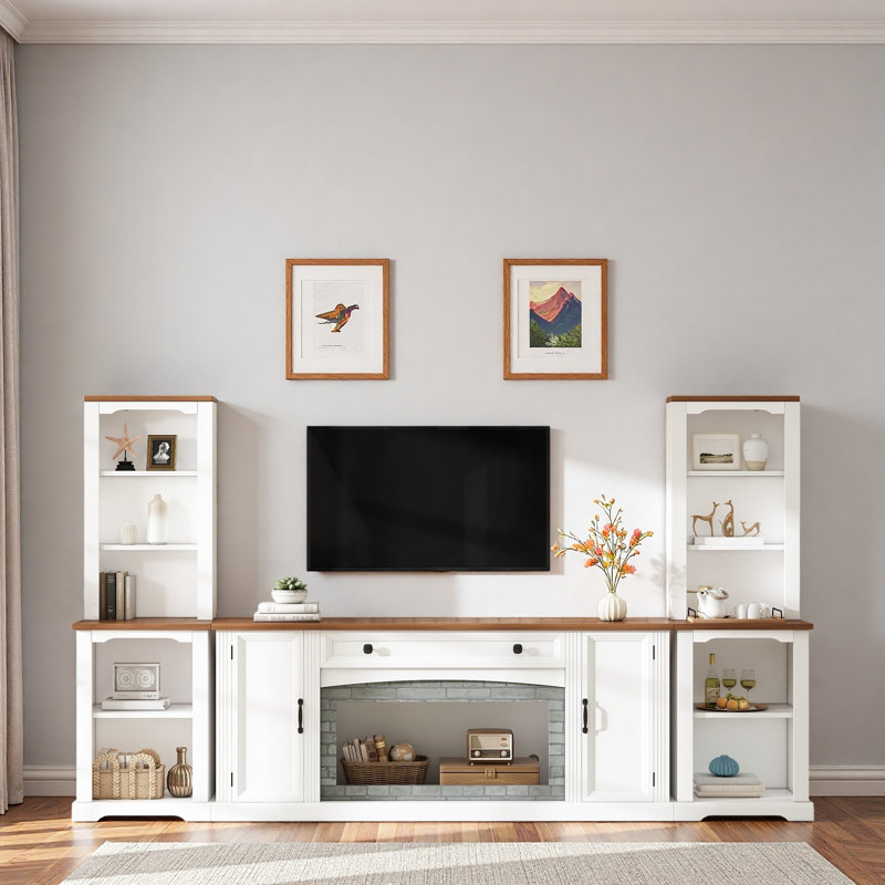 Meuble audio-vidéo 3 pièces avec 1 meuble télé et 2 bibliothèques, Blanc