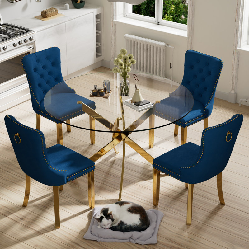 Ensemble de salle à manger Keyari, H 29,5 po x L 47 po x l 47 po, Bleu, Or