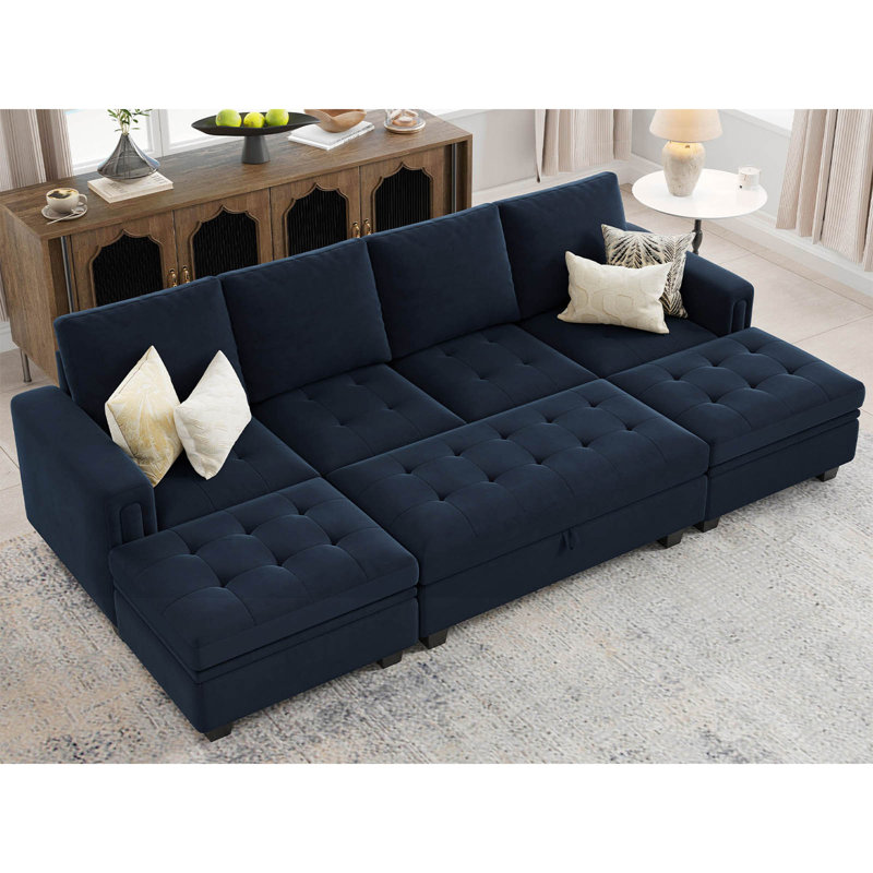 Shavera Velvet Reversible Sectional Sofa Bed Convertible Modular Sleeper Couch With Storage Ottoman, Blue