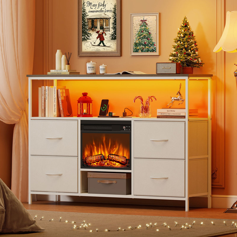 Fireplace TV Stand with 4 Fabric Drawers, Entertainment Center with Fireplace, TV Stand Dresser, TV Console Table for 55 inch TV, for Living Room, Bedroom
