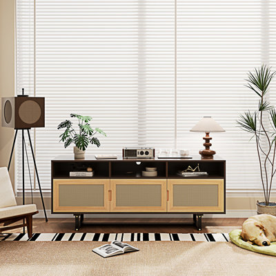 Retro Rattan TV Stand 3-Door Media Console With Open Shelves For TV Stand Under 75''