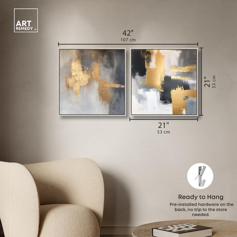 «Gilded Tranquil Abstract Art», ensemble de 2 panneaux sur toile par , H 21 po x l 21 po, Argent argent