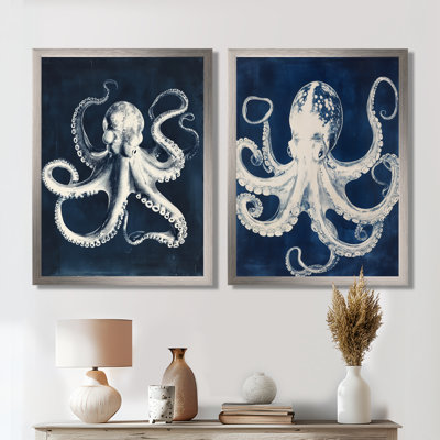 Poulpe en bleu de Prusse I - Ensemble de 2 tableaux sur toile représentant une pieuvre