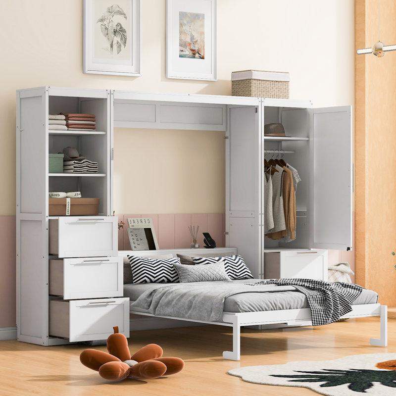 Grand lit escamotable avec 5 tiroirs intégrés, tablettes et garde-robe, White