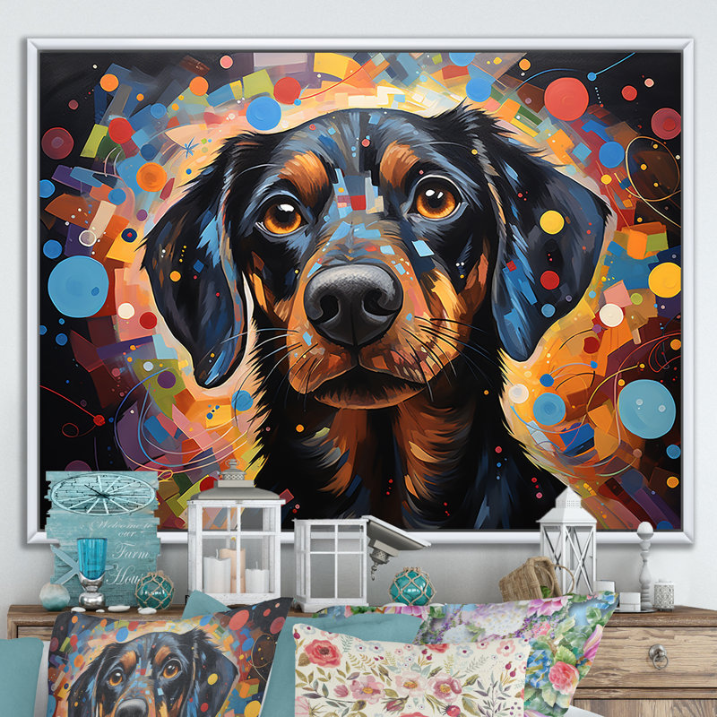 Impression sur toile «Dachshund Delight I», H 30 po x l 40 po x P 1,5 po, Cadre flottant blanc
