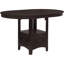 Ensemble de salle à manger avec table ronde extensible, tabourets noirs et piètement central, rangements ouverts et fermés, forme ovale, finition soignée, pour une utilisation pratique.