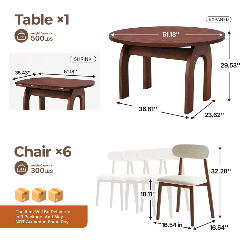 Ensemble de table à manger extensible 7 pièces en bois massif noyer, 130 cm (51,2 po)