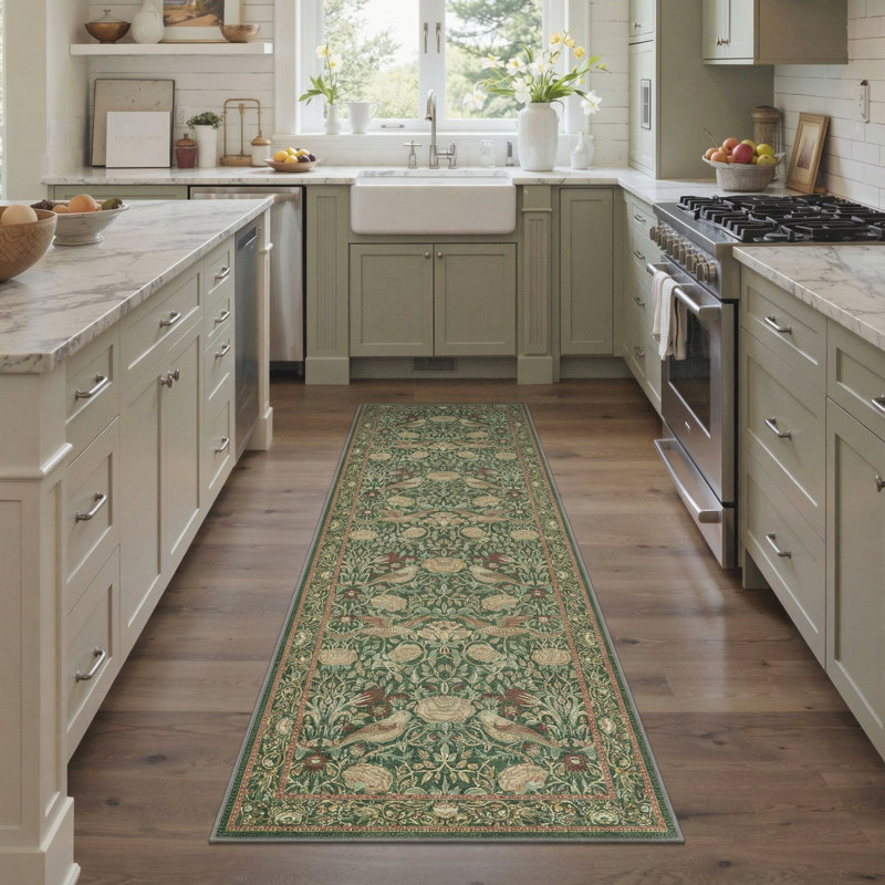 Aura Floral Modern Machine Washable Green / Red / Yellow Indoor Area Rug with Non-Slip Backing, Runner 2'6" x 8'