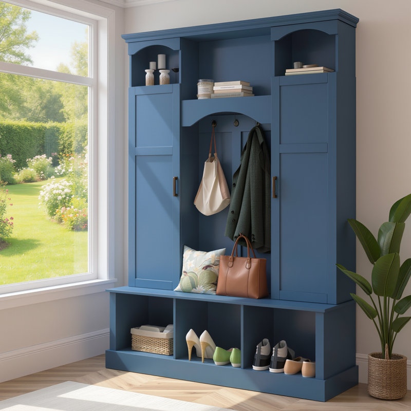 Modern Integrated Coat Rack For Entryways With Adjustable Shelves; Farmhouse-Style Storage Bench With Cabinet And Seven Hooks; Blue.