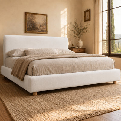 Boucle Upholstered Platform Bed with Thick Padded Headboard, White Fabric Bed Frame with Wood Slat Support, Modern No Box Spring Bed