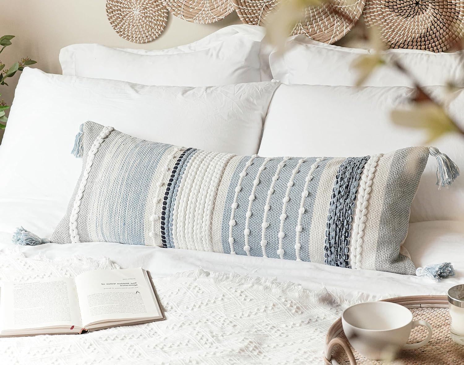 INKEDZ Coastal Blue Decorative Lumbar Pillow Cover 14x36 Boho Long Body