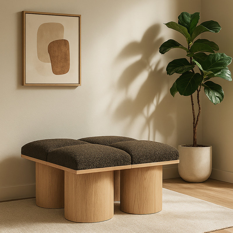 Banc rembourré Horatia, Tissu brun bouclé, Naturel, H 17,5 po x l 31 po x P 36 po
