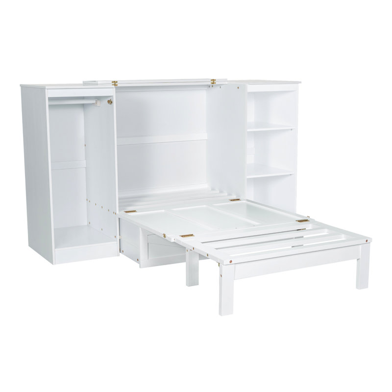 Lit simple avec tablette de chevet et garde-robe de rangement - blanc, solution pratique avec tablettes blanches