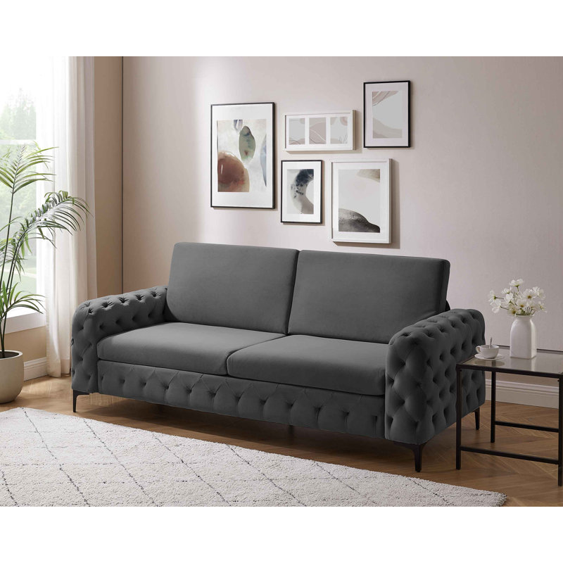 Bushong 222Cm Velvet Square Arms Sofa, Black, Grey Velvet